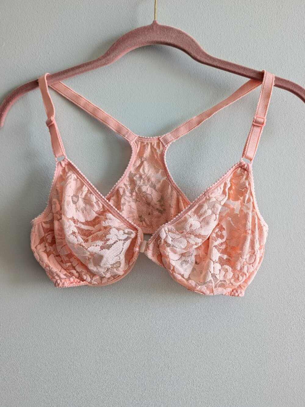 Vintage Victoria's Secret Gold Tag Lace Bra 36C Sheer Pink Racerback Front Open